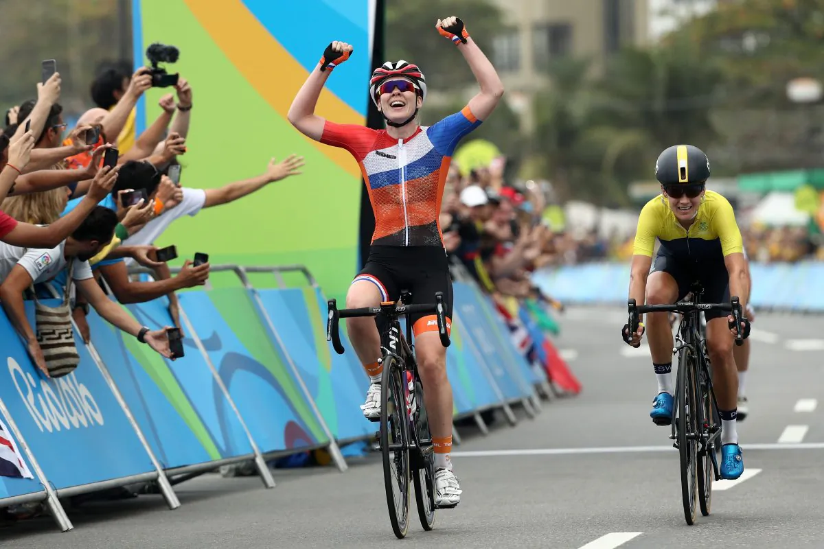 Anna van der Breggen of the Netherlands celebrates after winning the Women's Road Race at the Rio 2016 Olympic Games in Rio de Janeiro on Aug. 7. (Patrick Smith/Getty Images)