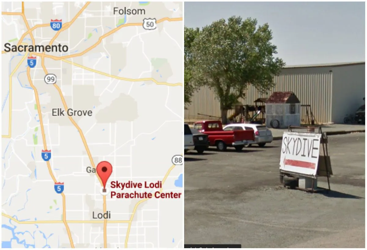 Left: Location of Parachute Center in Acampo, Calif. (Screenshot of Google Maps); Right: Sign at the Parachute Center in Acampo, Calif. (Screenshot of Google StreetView)