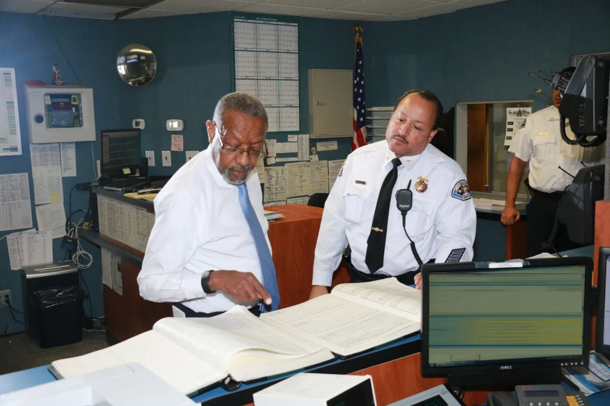 Mayor meets with members of the Village of Hempstead Police Department to discuss the various public safety and law enforcement initiatives that are featured as part of the Downtown Revitalization. (Robert Golomb)