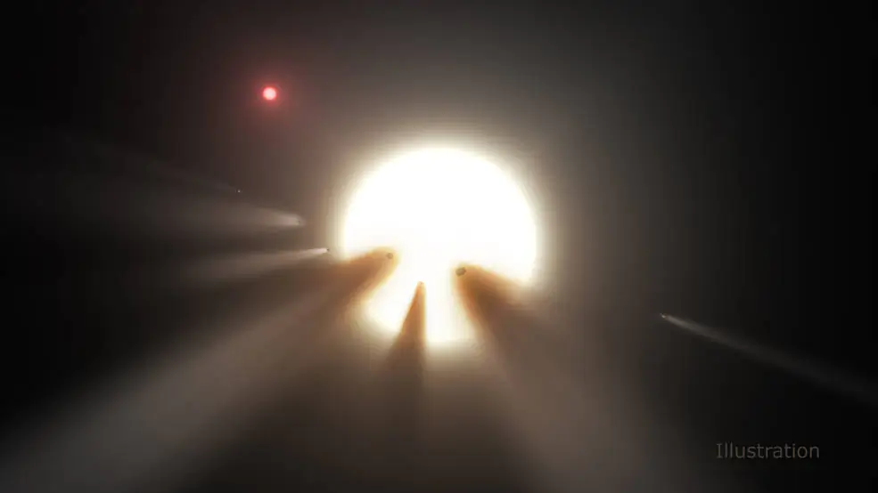 An illustration of a star behind a shattered comet. (NASA/JPL-Caltech)