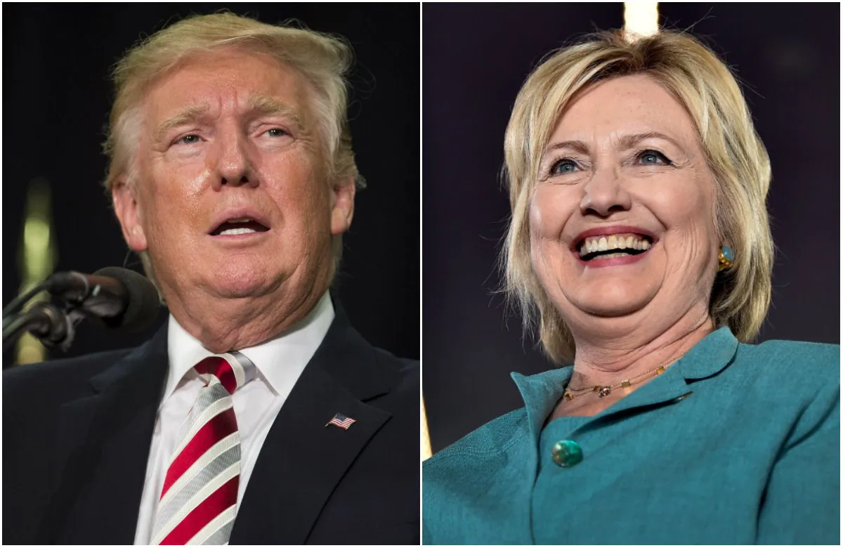 Donald Trump (L) during a rally at Windham High School in Windham, N.H., on Aug. 6, 2016. (Scott Eisen/Getty Images); Hillary Clinton (R) at the International Brotherhood of Electrical Workers Union Hall in Las Vegas, Nev., on Aug. 4, 2016. (David Becker/Getty Images)