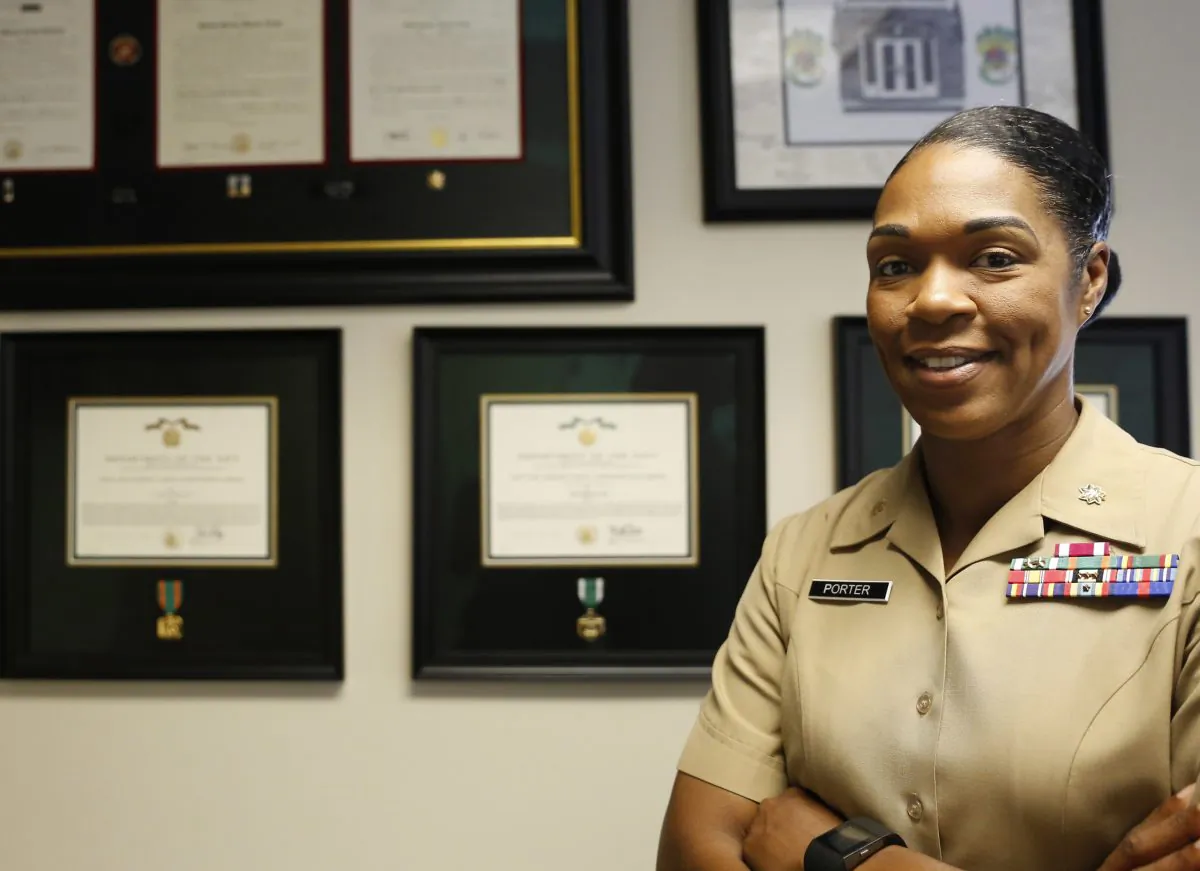 Maj. Shanelle Porter, commanding officer at the Recruiting Station Chicago, in her office in Des Plaines, Ill., on Aug. 5, 2016. (AP Photo/Tae-Gyun Kim)