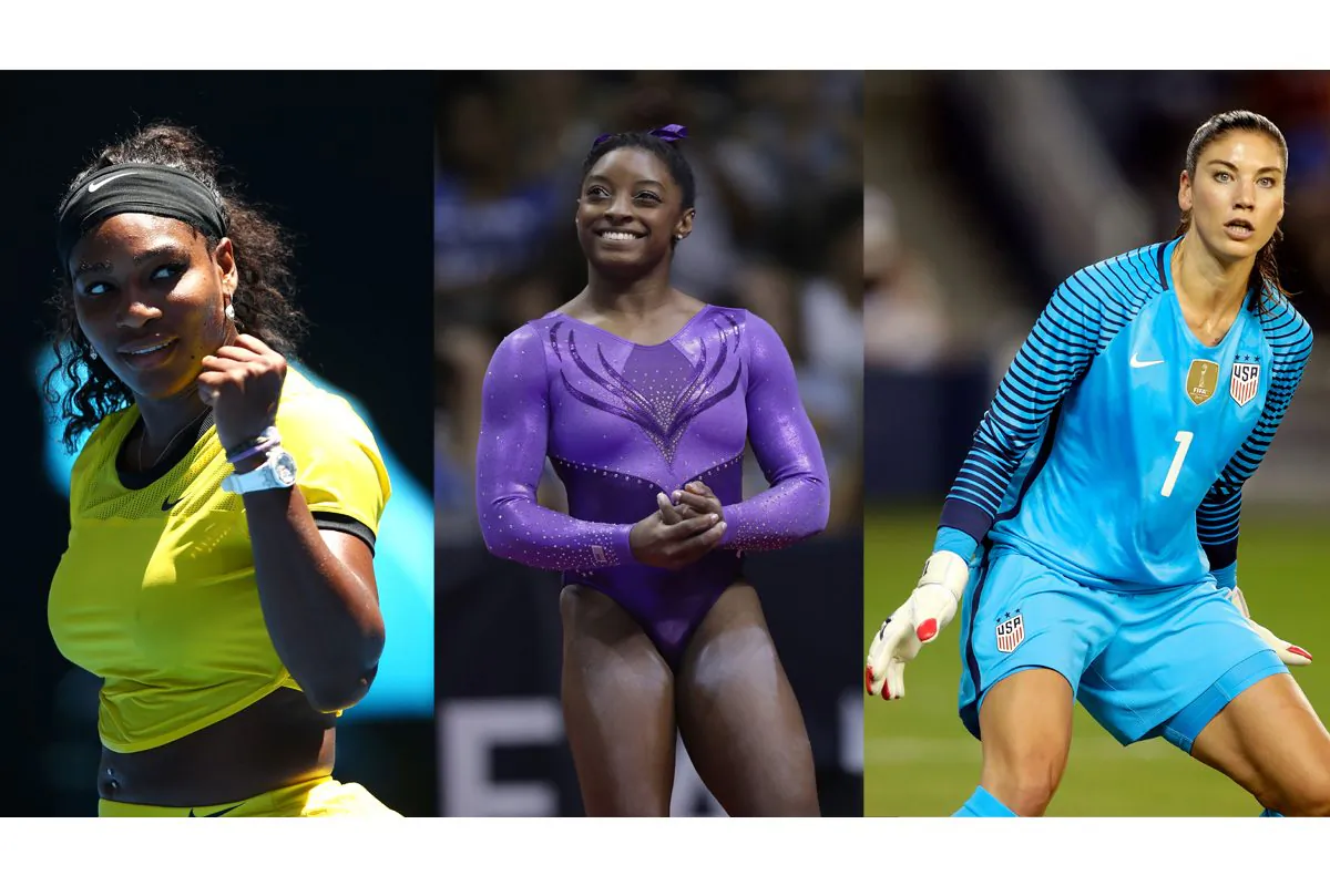Serena Williams (Mark Kolbe/Getty Images); Simone Biles (Ronald Martinez/Getty Images); and Hope Solo (Jamie Squire/Getty Images)