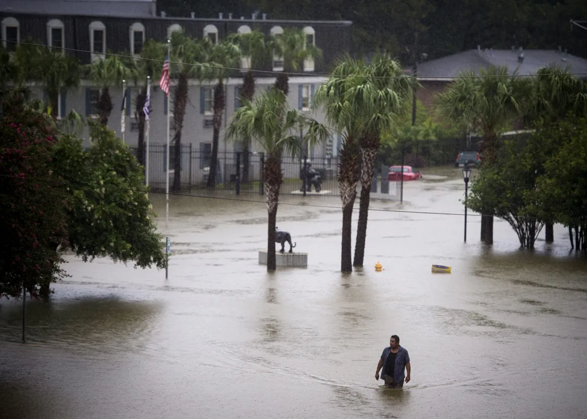 A resident wades through flood water at Tiger Manor Apartments by the North Gates of LSU, in Baton Rouge, La., on Aug. 13, 2016. (Brianna Paciorka/The Advocate via AP)