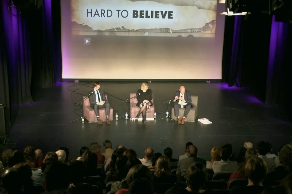 (L to R) Benedict Coyne, Dr Sarah Winch and Ethan Gutmann at the Q and A session following the screening of 'Hard to Believe' at the Queensland Multicultural Centre, in Brisbane, on August 11, 2016. (Courtesy of Nelson Huang/NTD Television)