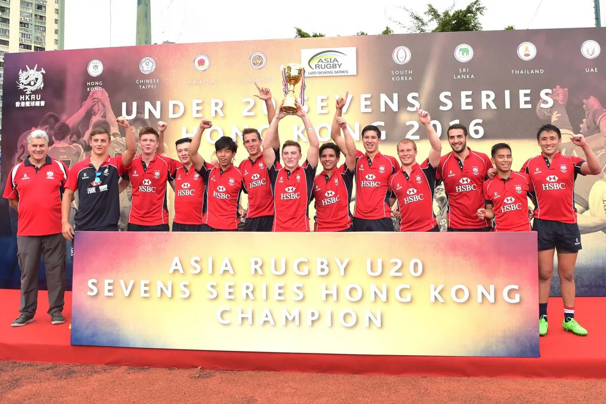 The U20 Hong Kong 7’s team celebrate winning the Hong Kong leg of the Asia U20 7’s 2-leg series at King’s Park on Saturday Aug 13, 2016. (Bill Cox/Epoch Times)