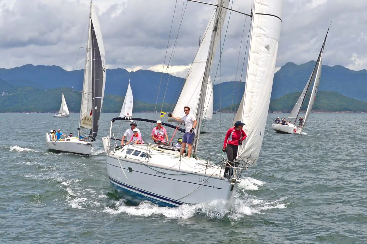 (L-R) ‘Jive’, ‘Scintilla’ and “Bits & Pieces’ racing in the Hebe Haven Typhoon series during race 4 on July 3, 2016. (Bill Cox/Epoch Times)