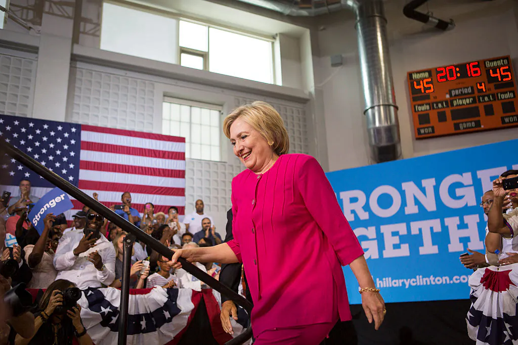PHILADELPHIA, PA - AUGUST 16: Democratic presidential nominee Hillary Clinton arrives at a voter registration event on August 16, 2016 at West Philadelphia High School in Philadelphia, Pennsylvania. Clinton warned voters not to be complacent and to work to get out the vote and maintain her lead. (Photo by Jessica Kourkounis/Getty Images)