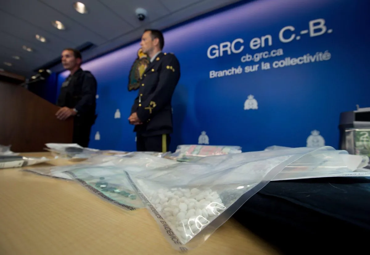 Fake oxycontin pills containing fentanyl are displayed during a news conference at RCMP headquarters in Surrey, B.C., on Sept. 3, 2015. (Darryl Dyck/The Canadian Press)