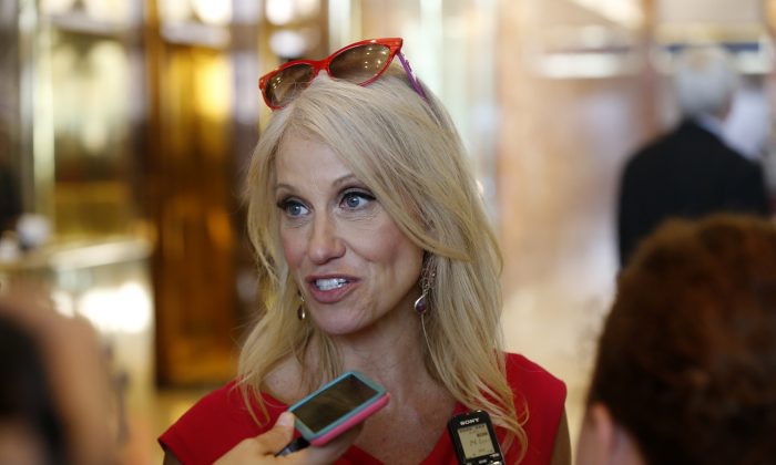Kellyanne Conway in the lobby of Trump Tower in New York, on Aug. 17, 2016. (AP Photo/Gerald Herbert)