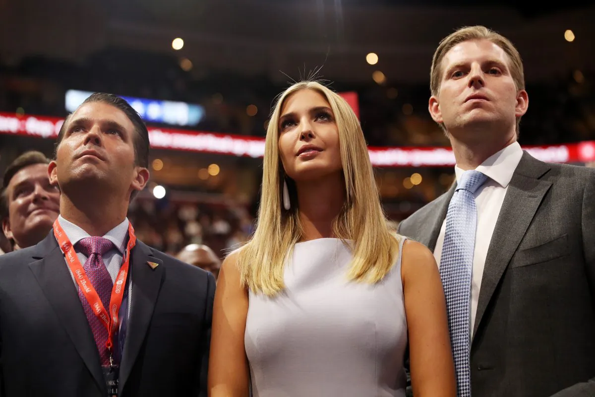 Donald Trump Jr. (L), Ivanka Trump (C), Eric Trump (R), take part in the roll call on the second day of the Republican National Convention on July 19, 2016 at the Quicken Loans Arena in Cleveland, Ohio. ( Joe Raedle/Getty Images)