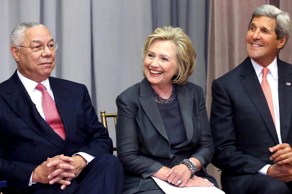 Secretary of State John Kerry (R) is joined by former secretaries of state Hillary Clinton (C) and Colin Powell during the ceremonial groundbreaking for the future U.S. Diplomacy Center at the State Department's Harry S. Truman Building in Washington on September 3, 2014. (Chip Somodevilla/Getty Images)