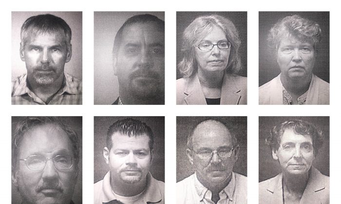 A combination of undated booking photos provided by the Michigan Attorney General's Office on Aug. 19, 2016 shows current and former state employees under prosecution for their role in Flint, Mich.’s lead-contaminated water crisis. (L-R) Top row: Patrick Cook, Michael Glasgow, Corinne Miller, Nancy Peeler. Bottom row: Michael Prysby, Adam Rosenthal, Robert Scott and Liane Shekter-Smith. (Michigan Attorney General's Office via AP)