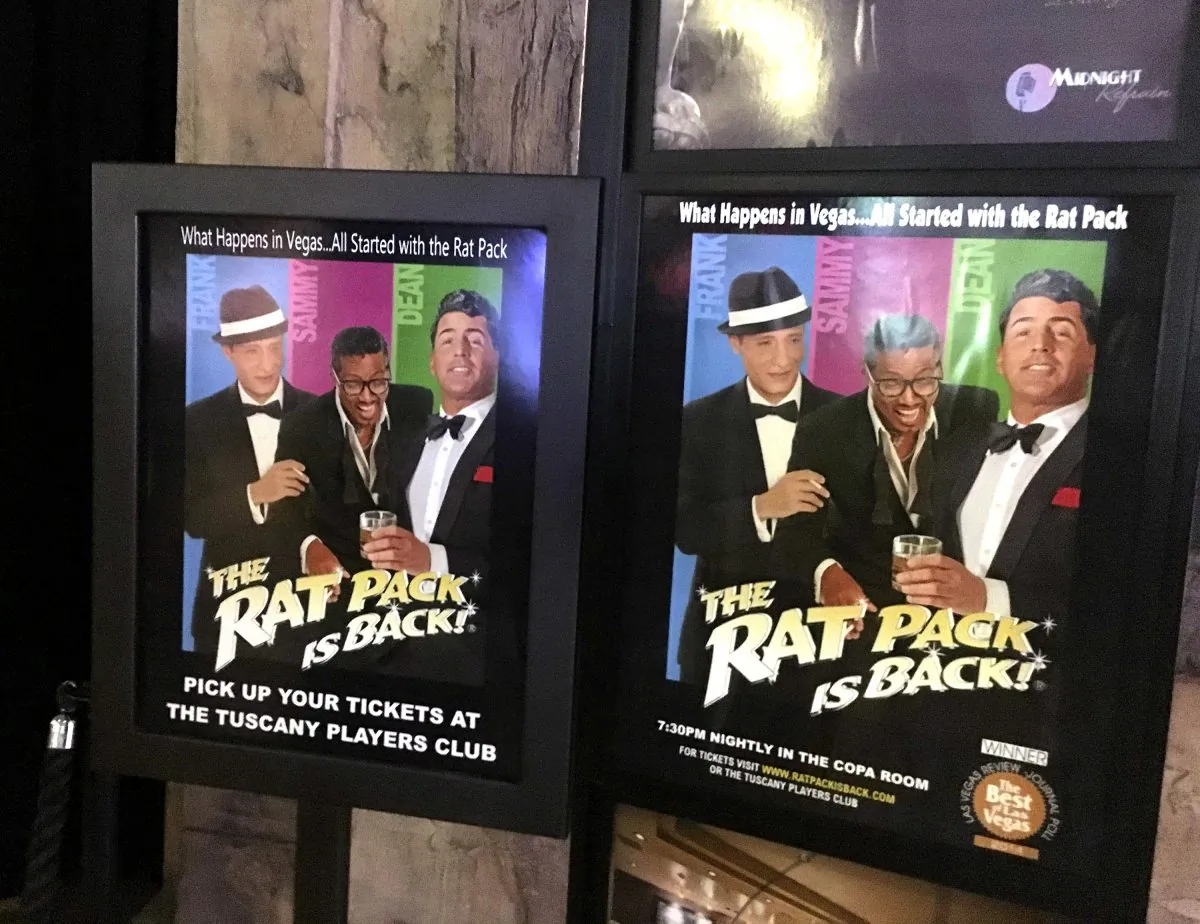 Posters advertising an upcoming Rat Pack tribute show at the Tuscany Suites and Casino in Las Vegas. Although Frank Sinatra's presence in Sin City has faded, fans can still locate pieces of his Las Vegas legacy with a little homework and a desire to look beyond popular, contemporary tourist attractions. (AP Photo/Russell Contreras)