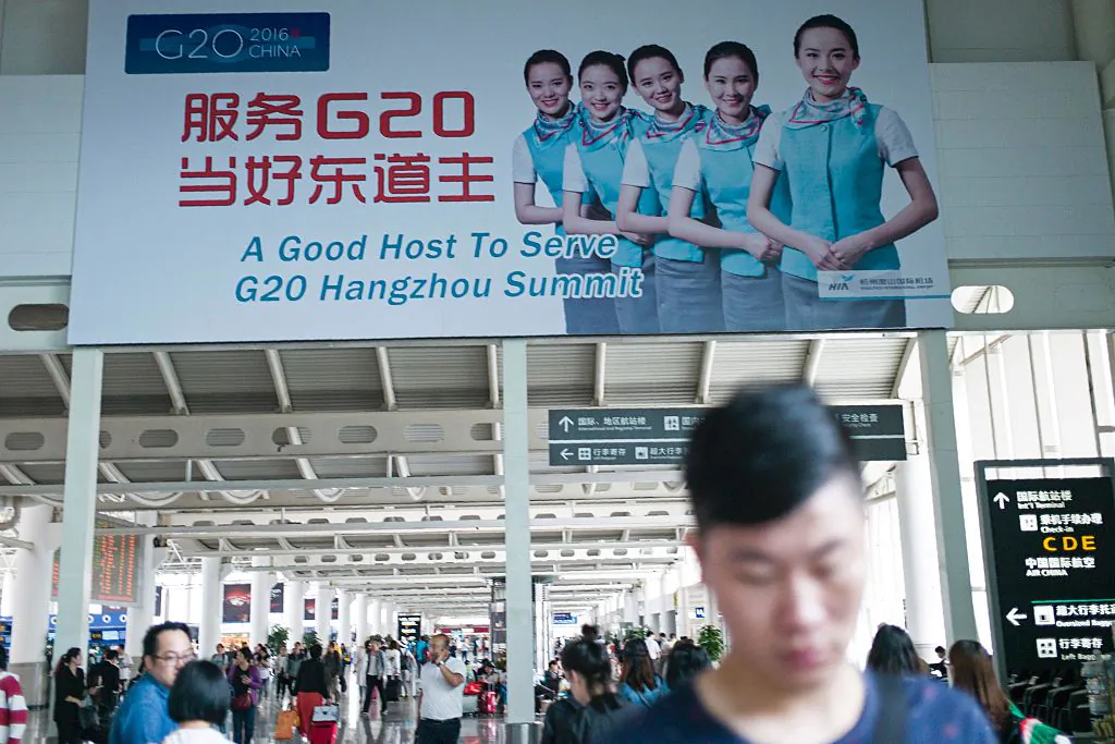 A billboard for the upcoming G20 Hangzhou Summit is seen at the airport in Hangzhou on May 21, 2016. (Fred Dufour/AFP/Getty Images)