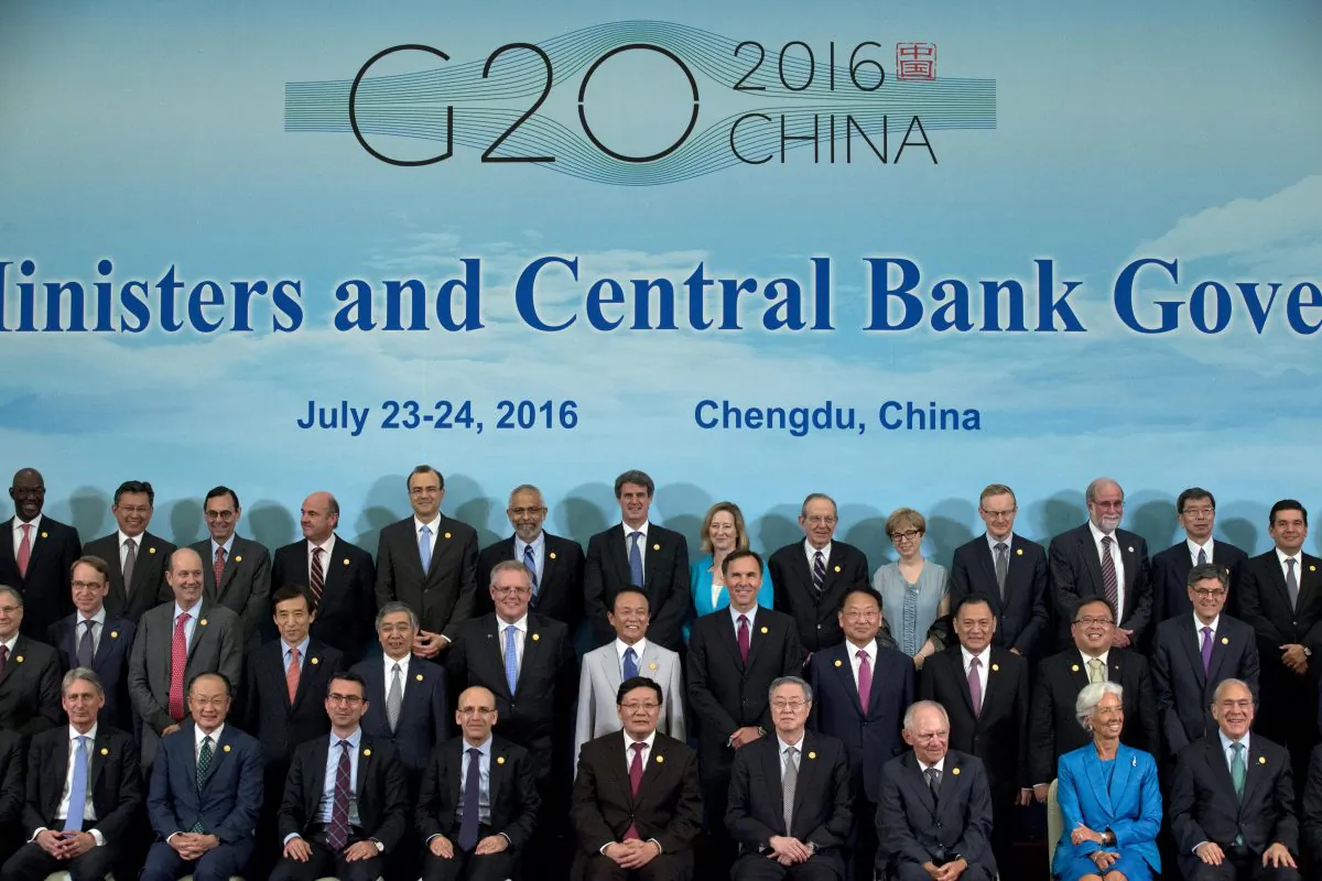 Finance Ministers and Central Bank Governors of the 20 most developed economies at the G20 Finance Ministers and Central Bank Governors meeting in Chengdu, China, on July 24.  (Ng Han Guan-Pool/Getty Images)