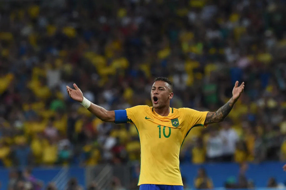 Brazil's forward Neymar celebrates scoring his team's first goal during the Rio 2016 Olympic Games men's football gold medal match between Brazil and Germany at the Maracana stadium in Rio de Janeiro on August 20. (Vanderlei Almeida/AFP/Getty Images)