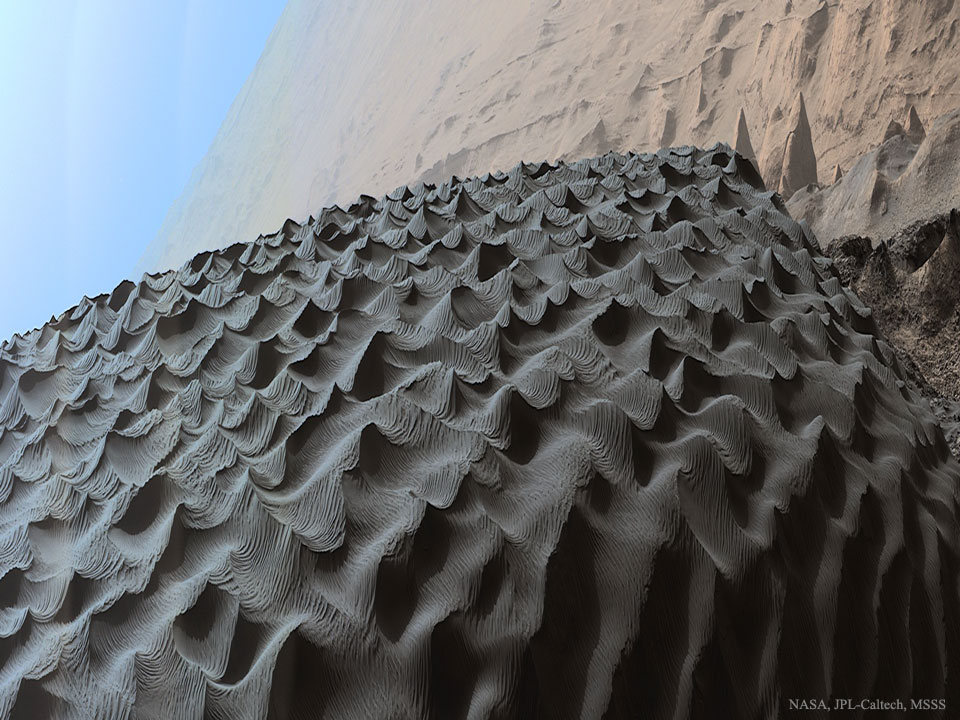How does wind affect sand on Mars? To help find out if it differs significantly from Earth, the robotic Curiosity rover on Mars was directed to investigate the dark Namib Dune in the Bagnold Dune Field in Gale Crater. Namib is the first active sand dune investigated up close outside of planet Earth. Wind-created ripples on Earth-bound sand dunes appear similar to ripples on Mars, with one exception. The larger peaks visible on dark Namib dune, averaging about 3 meters apart, are of a type seen only underwater on Earth. They appear to arise on Mars because of the way the thin Martian wind drags dark sand particles. (NASA, JPL-Caltech, MSSS)