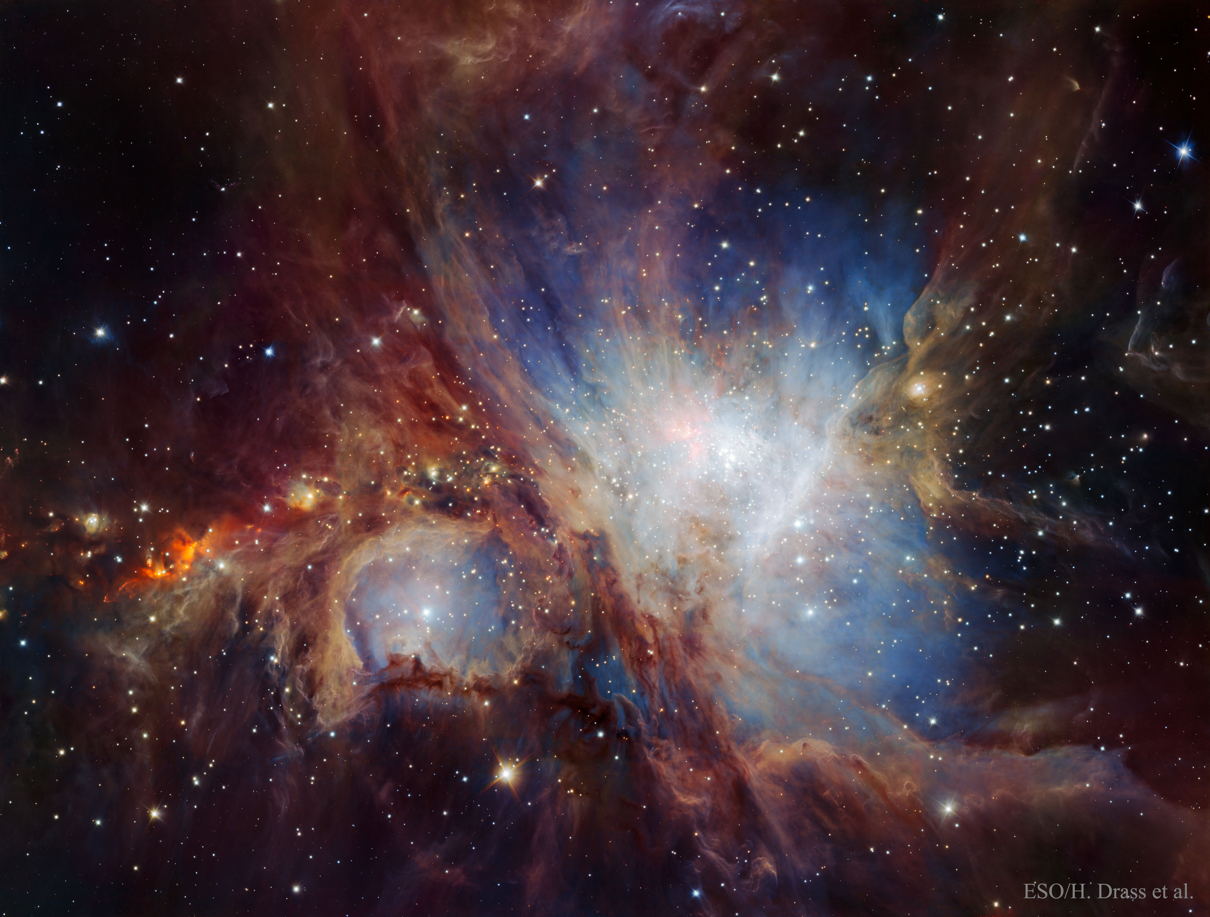 The deepest infrared image of the Orion Nebula has uncovered a bonanza of previously unknown low-mass stars and—quite possibly—free floating planets. The Orion Nebula, 1,300 light years away, is the closest major star-forming region to Earth. (ESO, VLT, HAWK-I, H. Drass et al.)