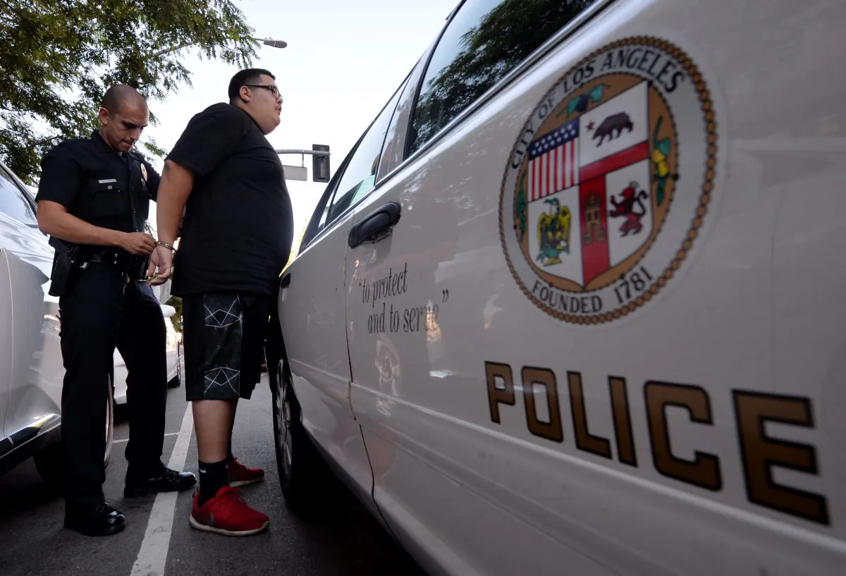 Police detain a suspect in a theft and assault case in downtown, Los Angeles in a file photo. (Mark Ralston/AFP/Getty Images)