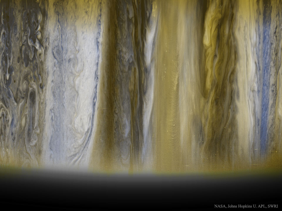 Jupiter's clouds are seen in images taken by the New Horizons spacecraft on its way out to Pluto. Famous for its Great Red Spot, Jupiter is also known for its regular, equatorial cloud bands, visible through even modest sized telescopes. (NASA, Johns Hopkins U. APL, SWRI)