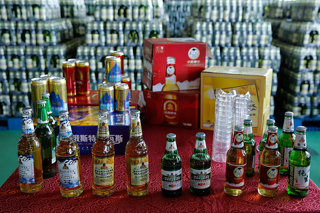 Beer is displayed at the Jinzhu Manjiang beer factory in Heilongjiang Province, China, on Aug. 1, 2013. (Lintao Zhang/Getty Images)