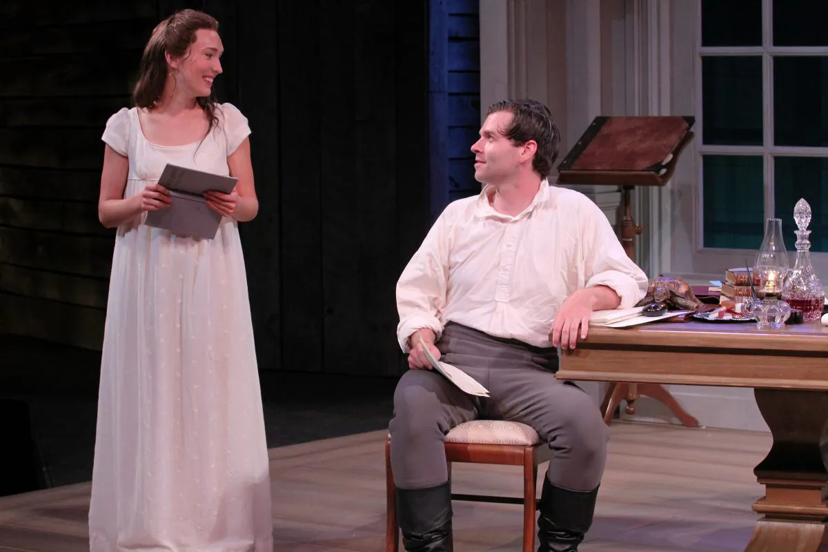 Thomasina Coverly (Rebecca Hurd) on the eve of her 16th birthday, with her tutor, Septimus Hodge ( Nate Burger), in “Arcadia,” produced by the American Players Theatre. (Carissa Dixon)