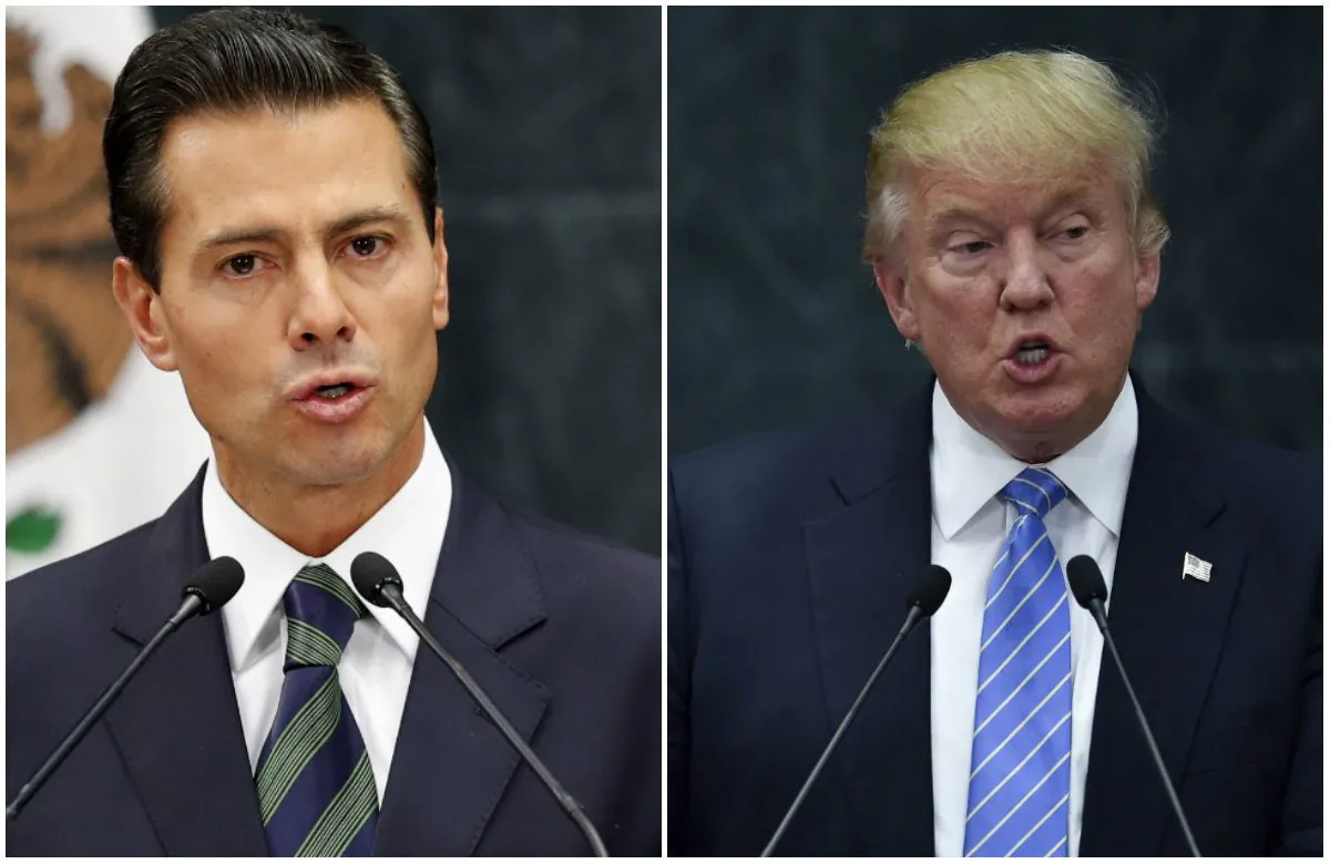 (L-R) Mexican President Enrique Pena Nieto in Mexico City on Aug. 31, 2016 (AP Photo/Dario Lopez-Mills);
US presidential candidate Donald Trump delivers a joint press conference with Pena Nieto in Mexico City on Aug. 31, 2016. (Yuri Cortez/AFP/Getty Images)