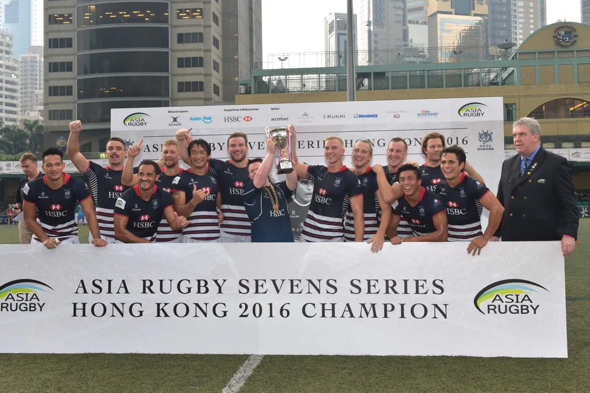 Hong Kong celebrate victory in the first leg of the Asia Rugby 7s series after winning a close, well contested final 21-17 against Sri Lanka, in Hong Kong on Saturday Sept 3, 2016.
(Bill Cox/Epoch Times}
