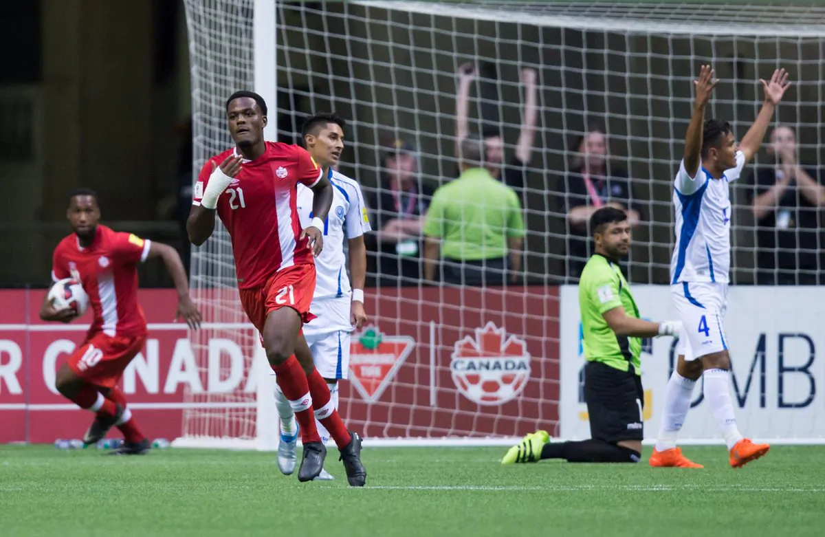 Canada's Cyle Larin celebrates after scoring against El Salvador in FIFA World Cup qualifying action in Vancouver on Sept. 6, 2016. (The Canadian Press/Darryl Dyck)