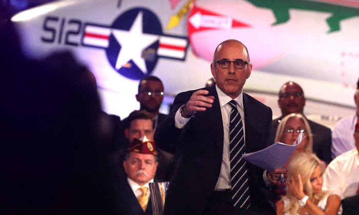 NBC host Matt Lauer during the NBC News Commander-in-Chief Forum with presidential nominees Hillary Clinton and Donald trump, in New York City on Sept. 7, 2016. (Justin Sullivan/Getty Images)