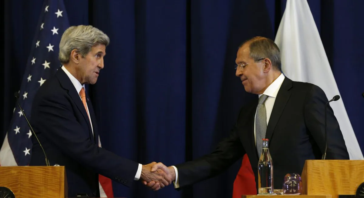 U.S. Secretary of State John Kerry (L) and Russian Foreign Minister Sergei Lavrov at the conclusion of a joint press conference following their meeting in Geneva, Switzerland, on Sept. 9, 2016. (Kevin Lamarque/Pool Photo via AP)
