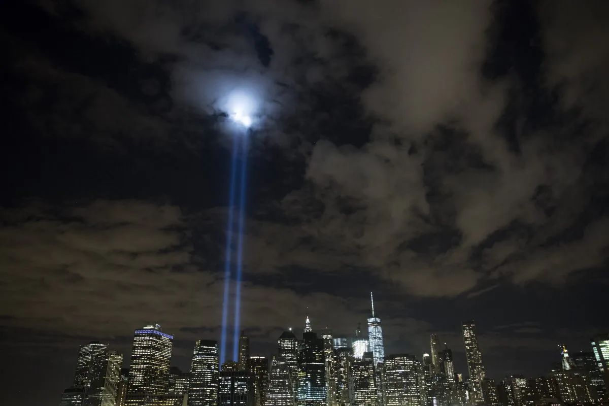 The "Tribute in Light" rises from the Lower Manhattan skyline as seen from the Brooklyn Heights Promenade, in the Brooklyn borough of New York City, on Sept. 7, 2016. (Drew Angerer/Getty Images)