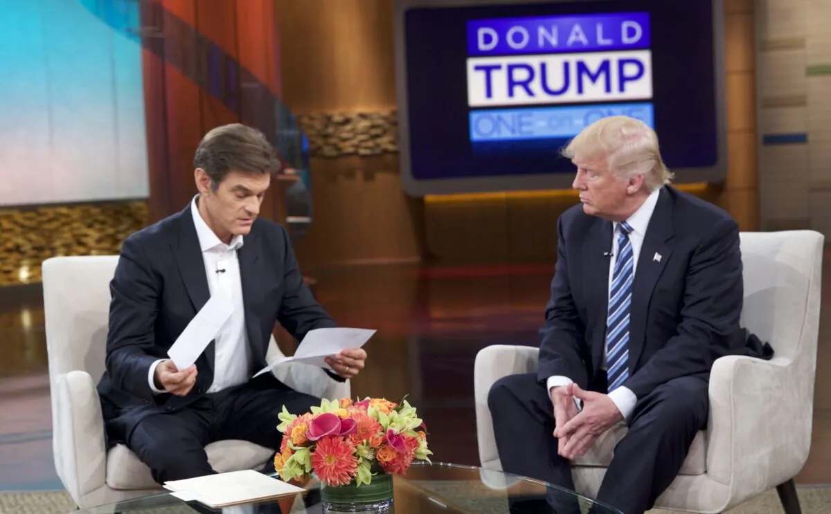 This image released by  Sony Pictures Entertainment shows Dr. Mehmet Oz, left, and presidential candidate Donald Trump in a 2016 file photo. (Sony Pictures Entertainment via AP)