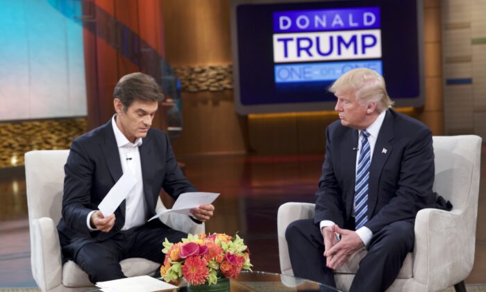 This image released by  Sony Pictures Entertainment shows Dr. Mehmet Oz, left, and presidential candidate Donald Trump in a 2016 file photo. (Sony Pictures Entertainment via AP)