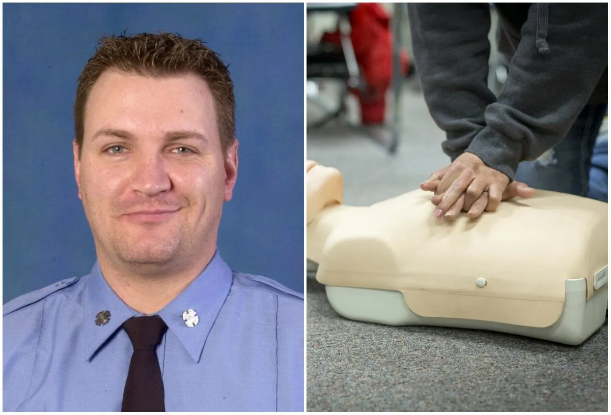 Left: FDNY Firefighter Brian Finley. (FDNY); Right: CPR training on a simulation dummy at Truckee Meadows Community College on  Feb. 22, 2014. (Truckee Meadows Community College/CC BY 2.0)
