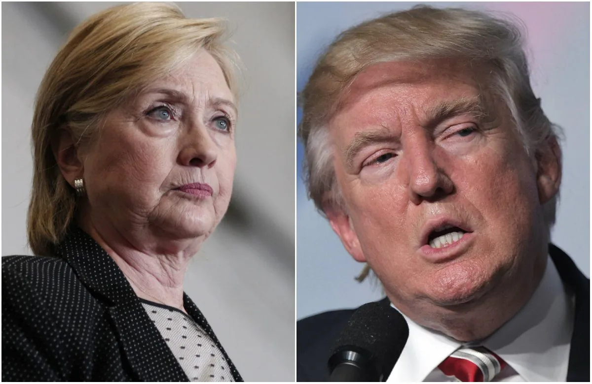 Democratic presidential nominee Hillary Clinton (R) in Warren, Mich., on Aug. 11, 2016. (Bill Pugliano/Getty Images); and Republican presidential nominee Donald Trump in Washington, D.C., on Sept. 9, 2016. (Mandel Ngan/AFP/Getty Images)