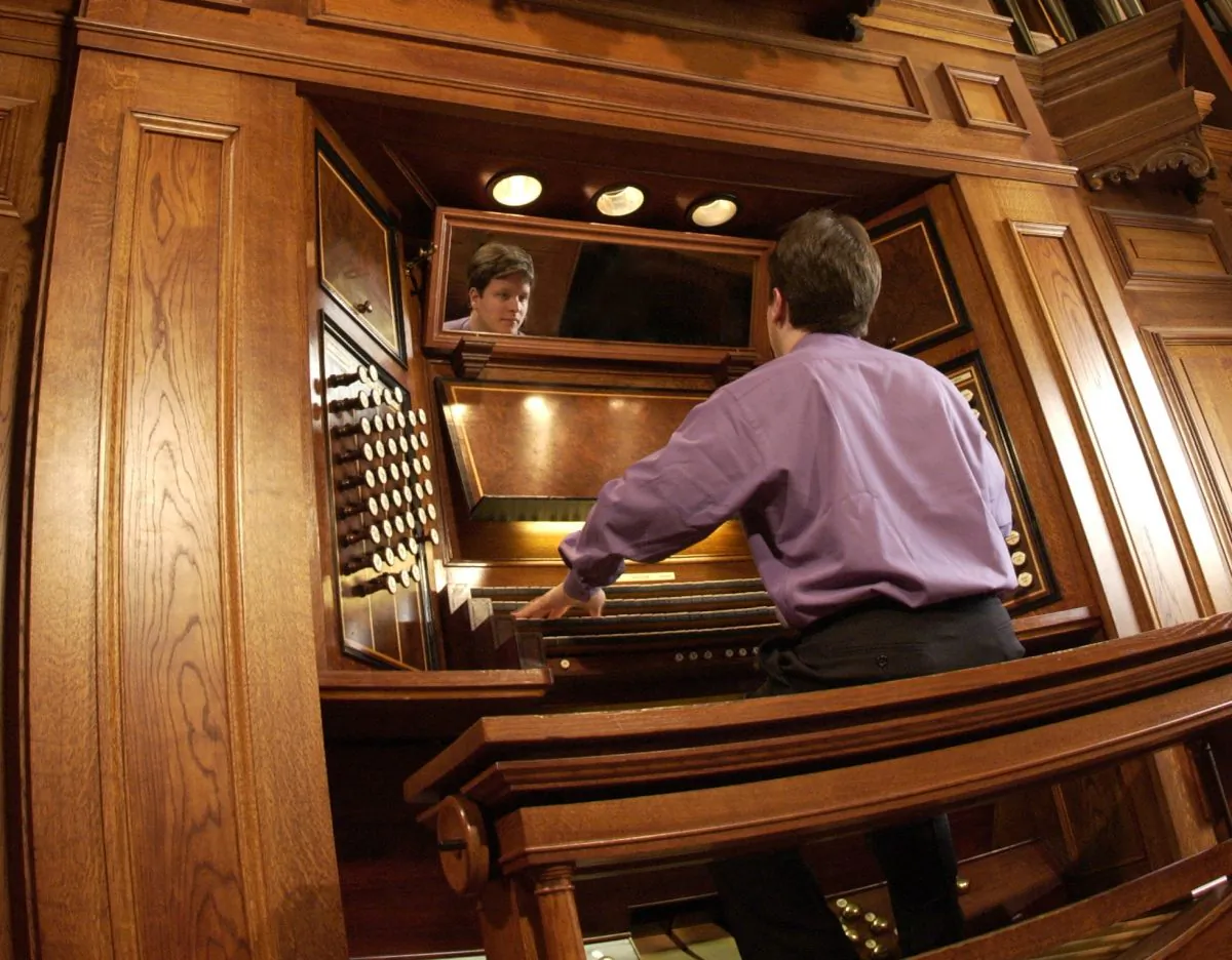 Paul Jacobs playing the great Mander organ at the Church of St. Ignatius Loyola in New York City.  (Courtesy of Paul Jacobs)