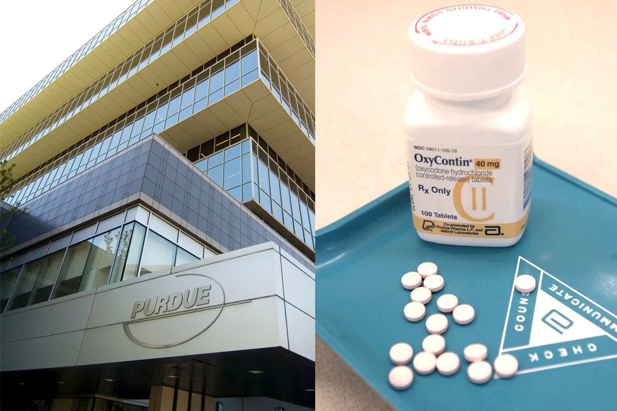 The Purdue Pharma offices in Stamford, Conn., on May 8, 2007. In 2007, the company pleaded guilty and agreed to pay more than $600 million in fines for misleading the public about the risks of OxyContin. But the drug continued to rack up blockbuster sales. (Douglas Healey/AP Photo; Darren McCollester/Getty Images)