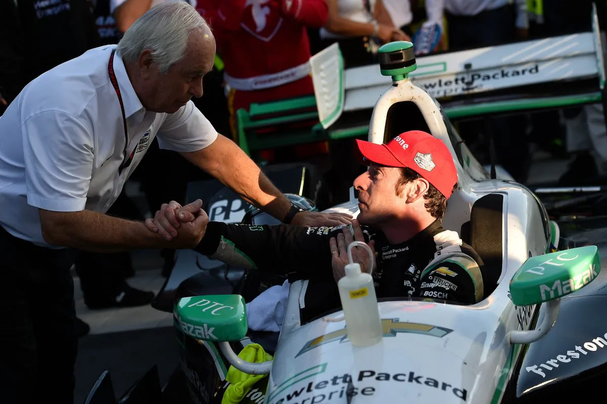 Team owner Roger Penske congratulates Simon Pagenaud in Victory Lane following their win in the GoPro Grand Prix of Sonoma to become the 2016 Verizon IndyCar Series Champion. (Chris Owens/IndyCar.com)