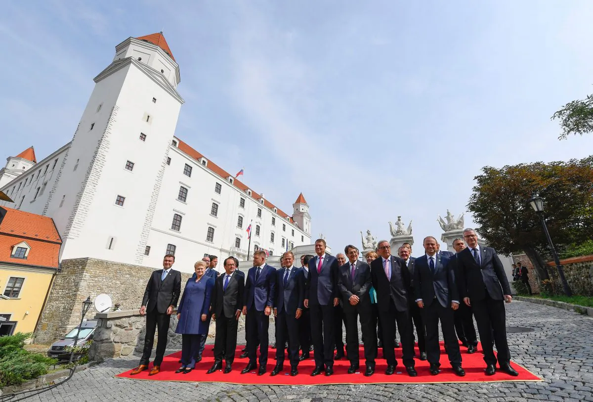 The 27 EU heads of state pose for a family picture during an informal EU summit at the Bratislava Castle in the Slovak capital on Sept. 16, 2016. (Joe Klamar/AFP/Getty Images)