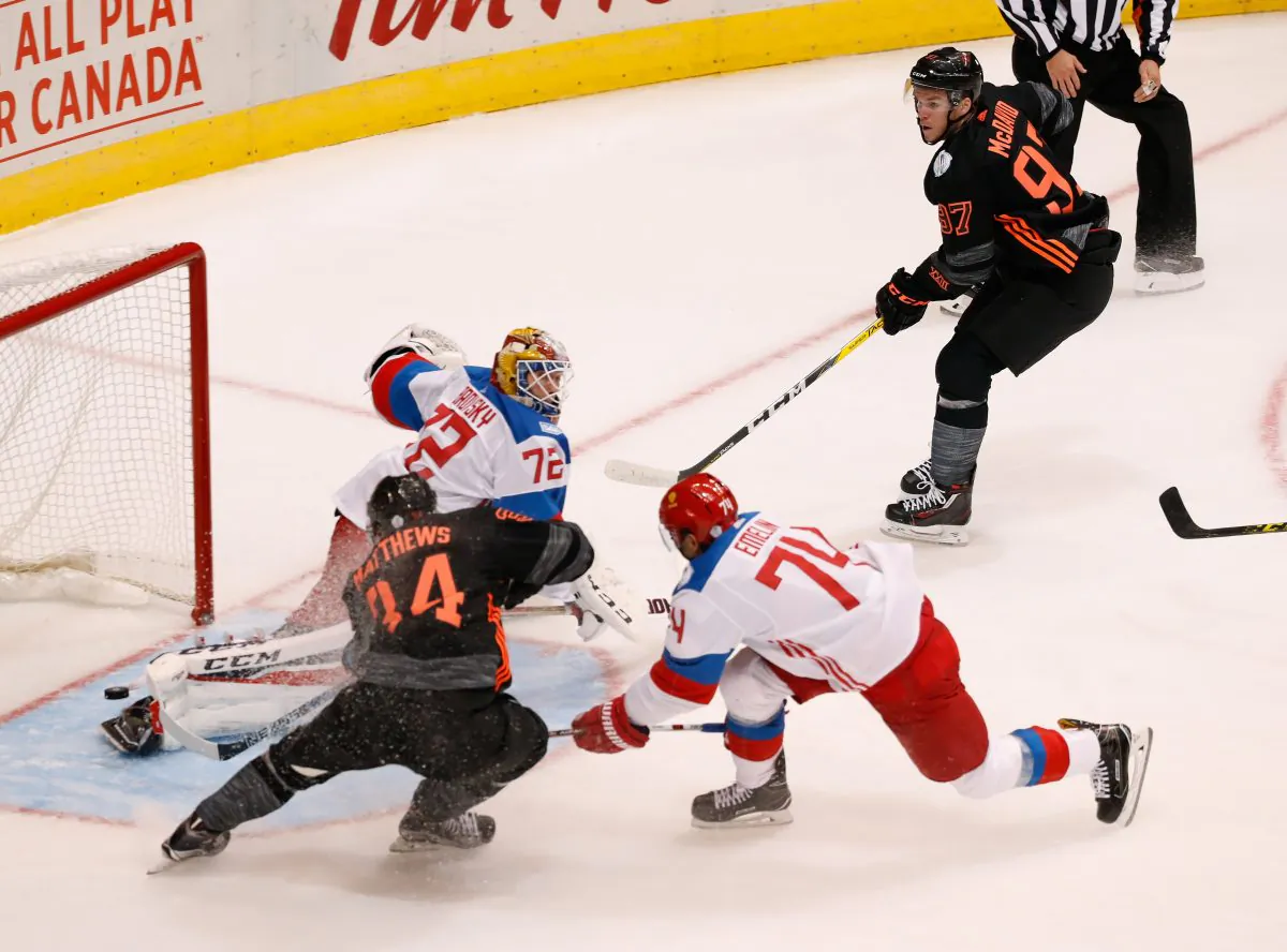 Auston Matthews scores a first period goal after a pass by Connor McDavid during the World Cup of Hockey at the Air Canada Centre on Sept. 19, 2016 in Toronto. (Gregory Shamus/Getty Images)
