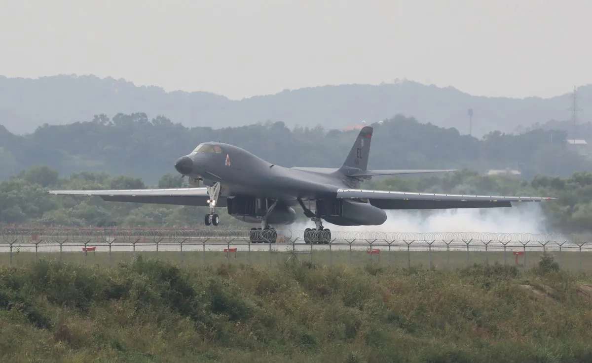 U.S. Air Force B-1B bomber from Andersen Air Force Base, Guam, lands at Osan Air Base in Pyeongtaek, South Korea, on Sept. 21, 2016. (Seo Myung-gon/Yonhap via AP) 