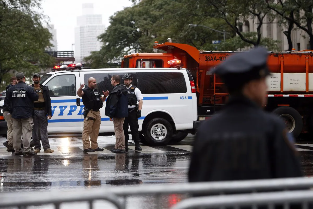 Police and security agents man a vehicle barricade across 42nd Street at Second Avenue near United Nations headquarters, Monday, Sept. 19, 2016, in New York. (AP Photo/Jason DeCrow)