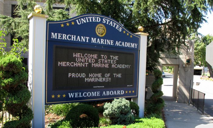 A sign at the entrance to the U.S. Merchant Marine Academy in Kings Point, N.Y., welcomes visitors, on Sept. 13, 2016. (AP Photo/Frank Eltman)