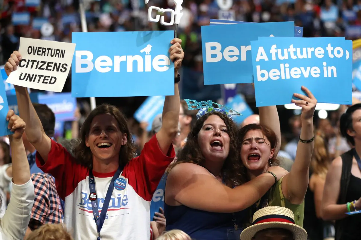 Supporters of Sen. Bernie Sanders (I-Vt.) on the first day of the Democratic National Convention in Philadelphia on July 25, 2016. Bernie Sanders promotes and his supporters believe in democratic socialism. (Joe Raedle/Getty Images)