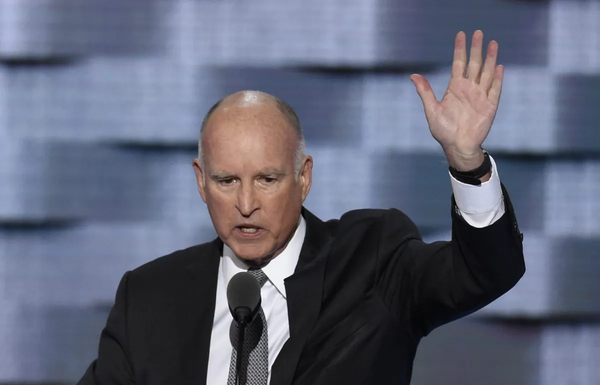 California Governor Jerry Brown addresses Day Three of the Democratic National Convention at the Wells Fargo Center in Philadelphia, Penn., on July 27, 2016. (Saul Loeb/AFP/Getty Images)