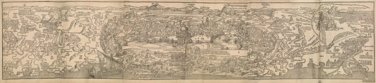 "View of Jerusalem" From Journey to the Holy Land (La peregrination en Terre Sainte). Hand-colored engraving written by Bernhard von Breydenbach (1440?–1497?), translated by Nicolas Le Huen (active 15th century), illustrated by Erhard Reuwich (ca. 1455–ca. 1490), and published by Topie, Lyon 1488, Lyon.
The Metropolitan Museum of Art, New York, Harris Brisbane Dick Fund, 1928. 