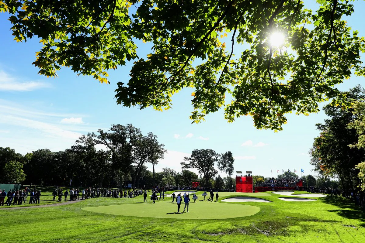 Players walk to the fourth green while practicing prior to the 2016 Ryder Cup at Hazeltine National Golf Club on September 27, 2016 in Chaska, Minnesota. (Andrew Redington/Getty Images) 