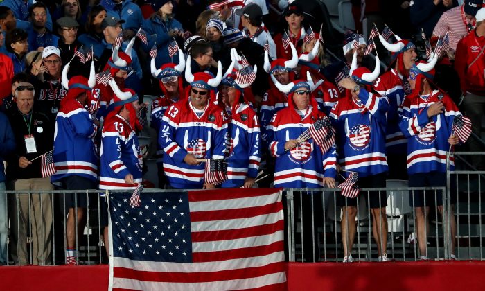 Fans of the United States prepare for tee off prior to the morning foursome matches of the 2016 Ryder Cup at Hazeltine National Golf Club in Chaska, Minnesota. (Sam Greenwood/Getty Images) 